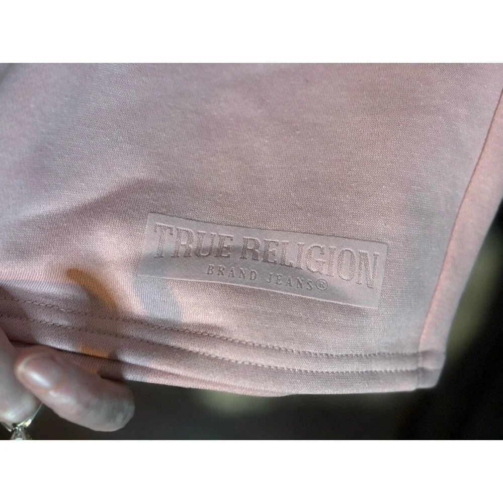 New Men’s Unisex True Religion Dull Pink Text Puff Sweat Shorts Size L $89